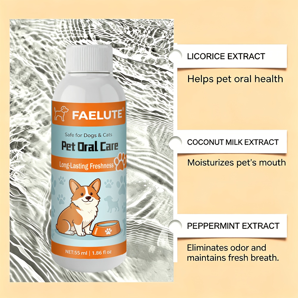 FAELUTE Pet Dental Care Mouthwash Water Additive - for Dogs, Cats & Small Pets, Daily Oral Hygiene Care, Home Outdoor Travel Use, Freshens Bad Breath, Plaque & Tartar Control, No Brushing Required Easy Liquid Formula