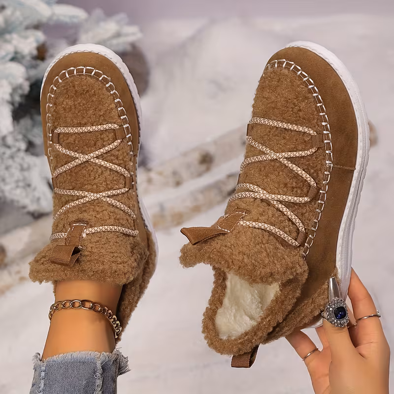 womens plush winter boots with thickened fleece lining slip on round toe flat sole brown cover upper eva sole cushioned insole Product details 11