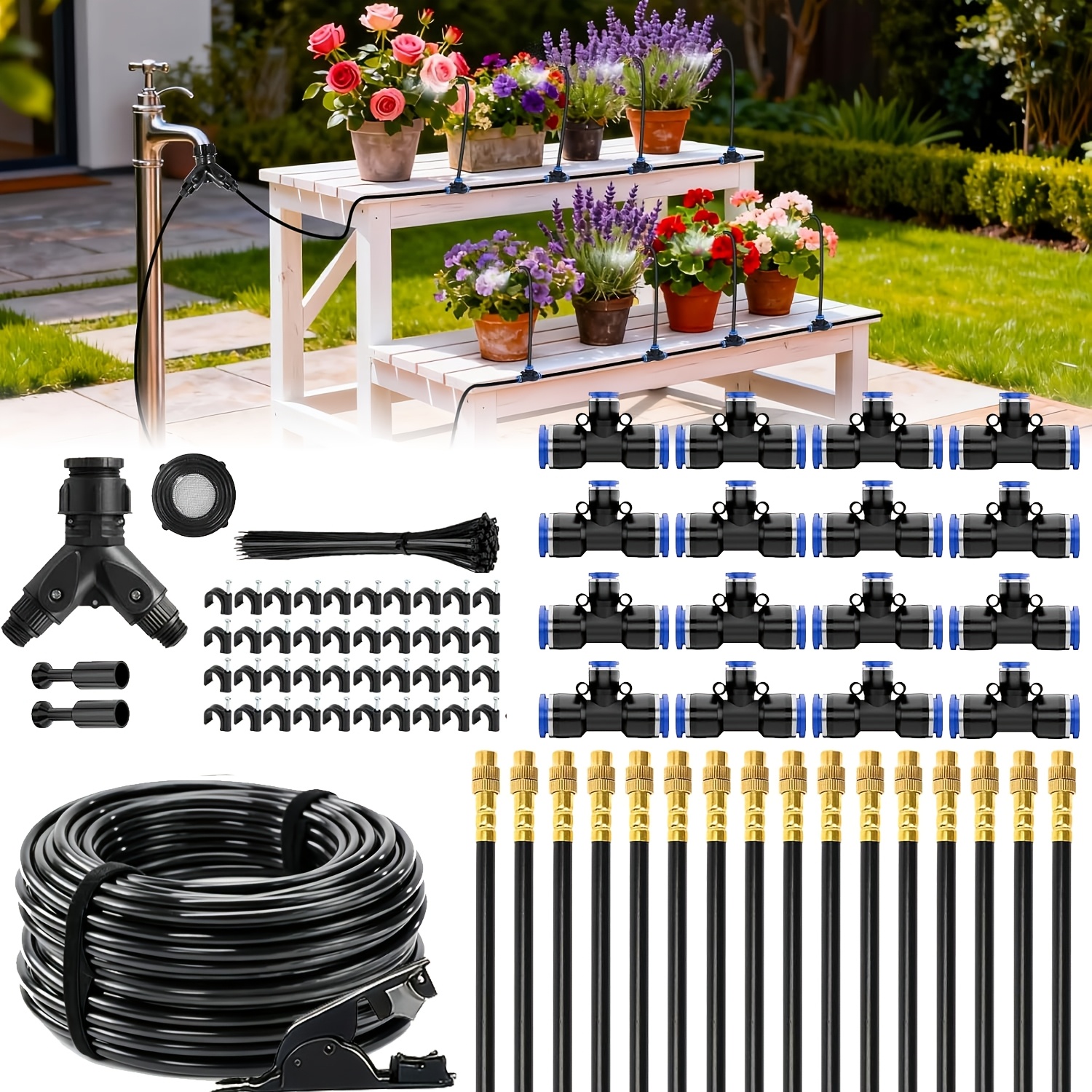E-shop 100ft 1/4" Tropfbewässerungssystem, integrierter Schlauch für flexible Formung 2025-Upgrade Gartenbewässerungsset mit 16 verstellbaren Düsen,