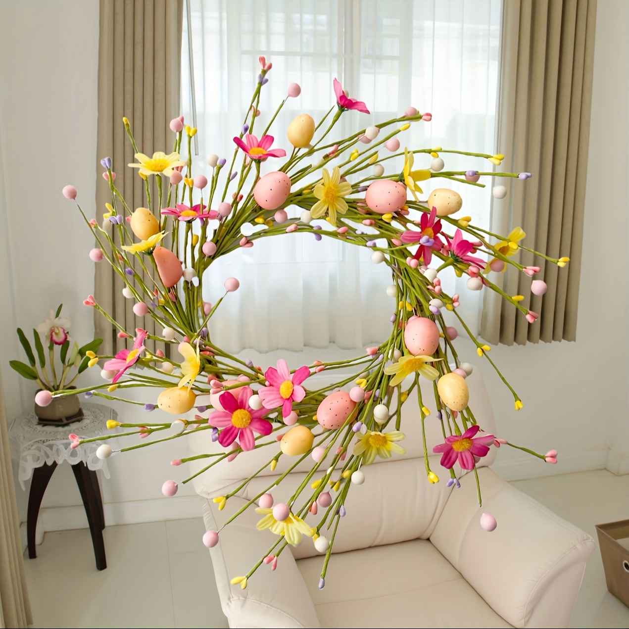 Image of 13.78" Easter Floral Wreath With Colorful Eggs & Daisies - Vibrant Spring Wall Or Door Decor, No Power Needed, Pe Material, , Easter Home Decor | Wreath | Artificial , Wreaths For Front Door