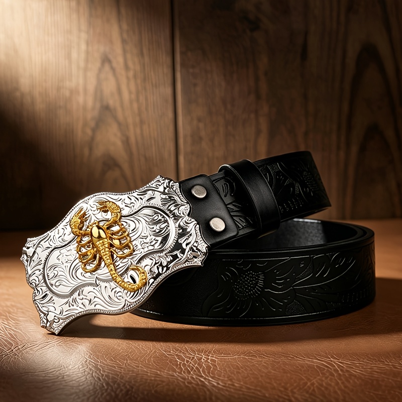TEMU Silvery Patterned Plate Belt, Golden Decoration, High-end And , 1.46in/3.7cm Wide Fashionable And Trendy Western Style Belt, Perfect Gift For