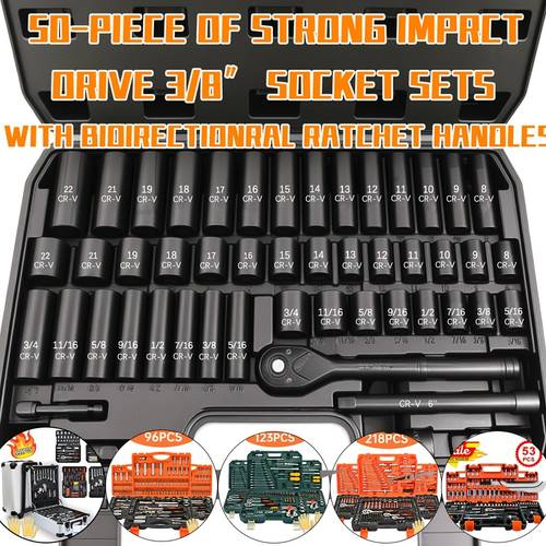 53 50 63 87 96 123pcs impact socket kit with ratchet handle 3 8 inch drive common size cr including adapter suitable for boat enthusiasts and mechanics very suitable for car maintenance projects ideal