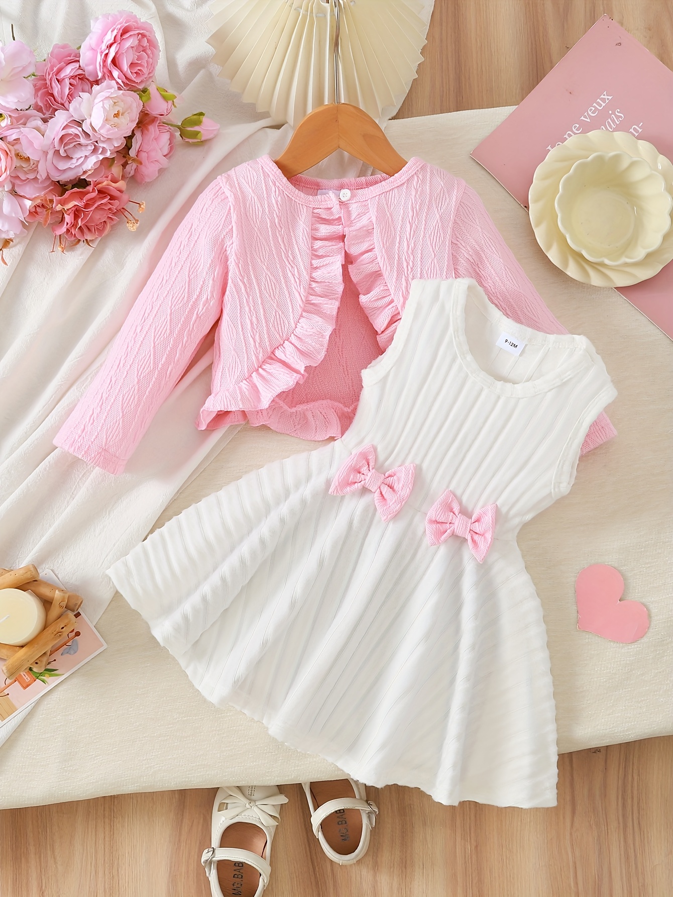 2pcs Girls Solid Color Jacket and Ribbed Striped Sleeveless Bow Dress Set,   Outdoor