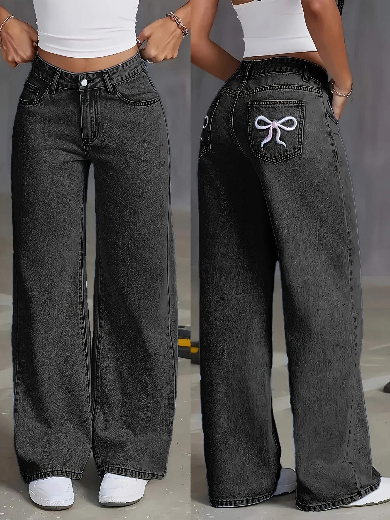 Women's High-Waisted Wide Leg Jeans with Embroidered Bow Detail, Light Blue Denim, Casual Loose Fit, Machine Washable, Comfortable Casual Attire