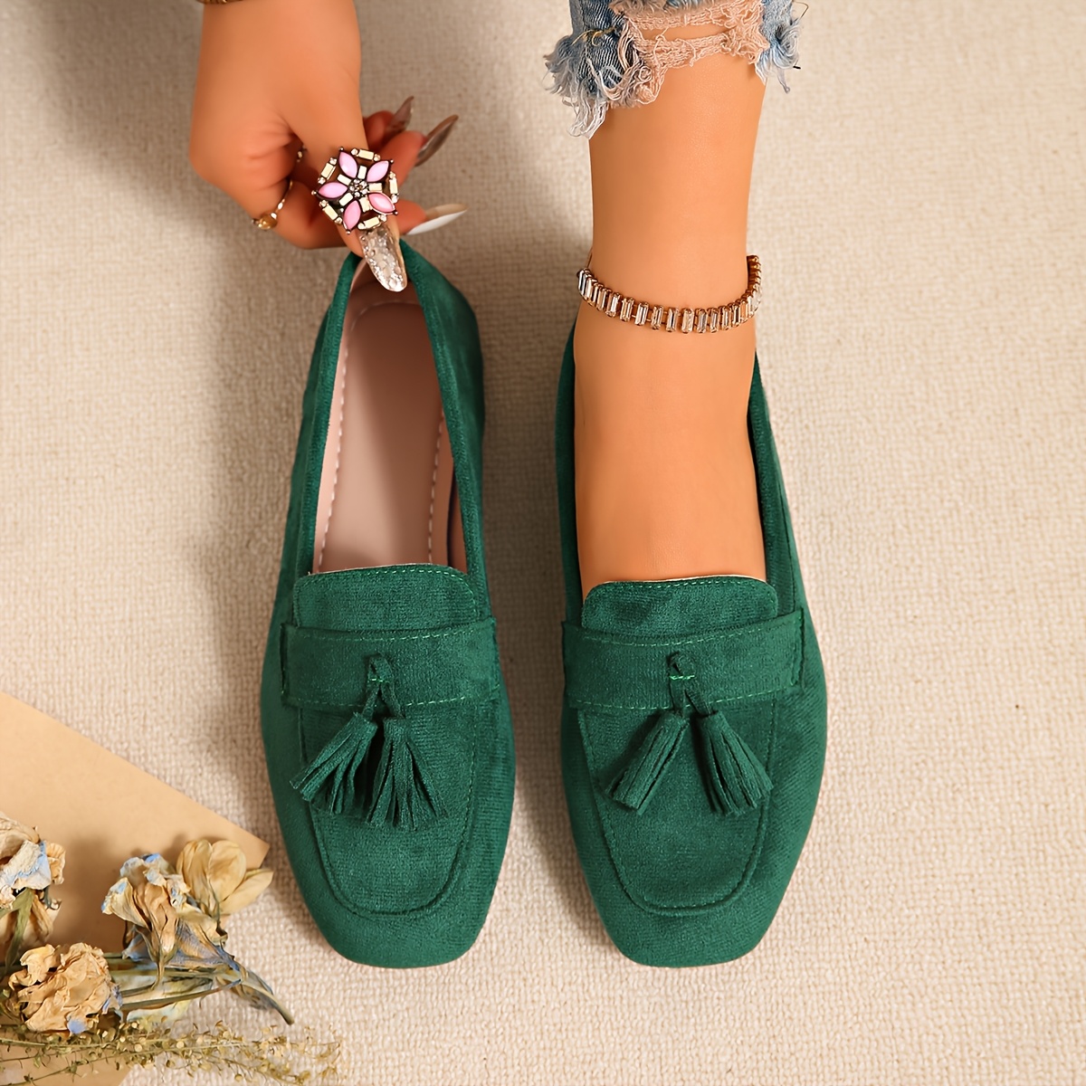 TEMU 2025 New Square Toe Flat Heel Mule With Tassels, Women's Loafer, Women Shoes