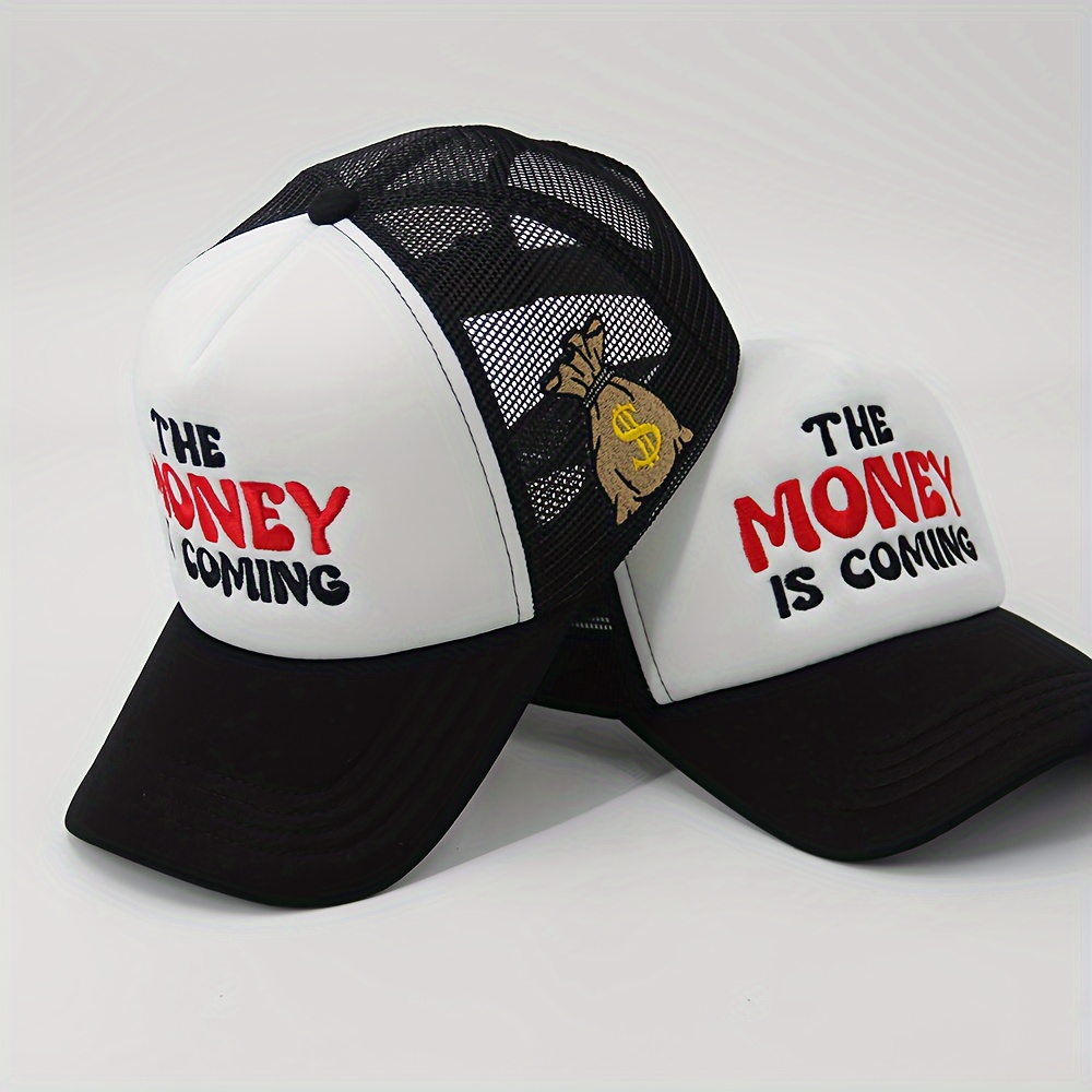 

the Money Is Coming" Graphic Print Casual Baseball Cap With Pvc Shield, 100% Polyester Mesh & Foam Trucker Hat, Adjustable Lightweight Breathable Cap For Outdoor - Unisex