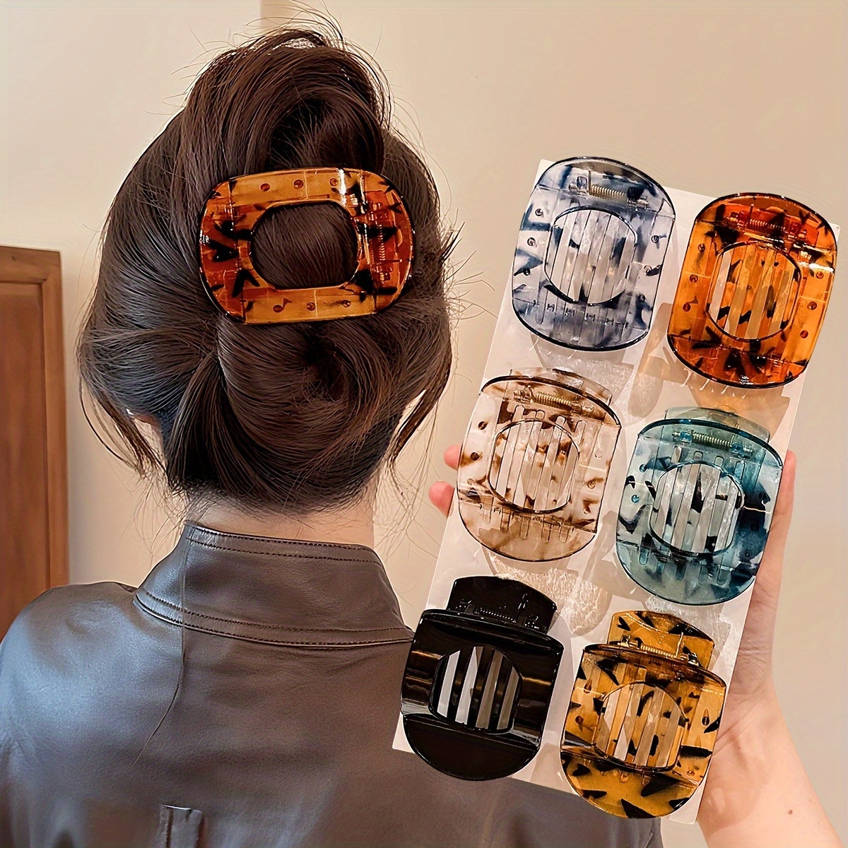 TEMU 6pcs Leopard Print Hair Claw Clips, Clear Arc-shaped Claw For Half Up Hairstyles - Fashion Hair Accessories For Women, Everyday Simple & Cute