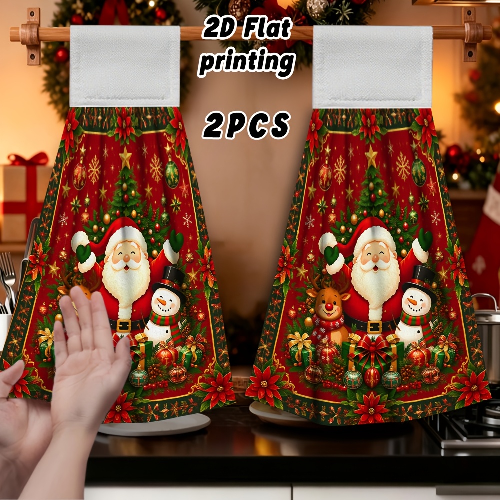 TEMU 2pcs Snowman Christmas Pattern Print Hanging Hand Towel, Kitchen Fingertip Towel, Soft Microfiber, Stylish And Casual, Soft And Skin-friendly,