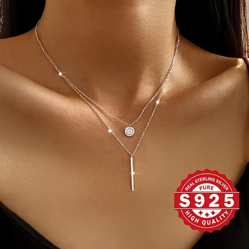 S925 Silver Round Zirconia Double Layer Necklace, Unique Gift