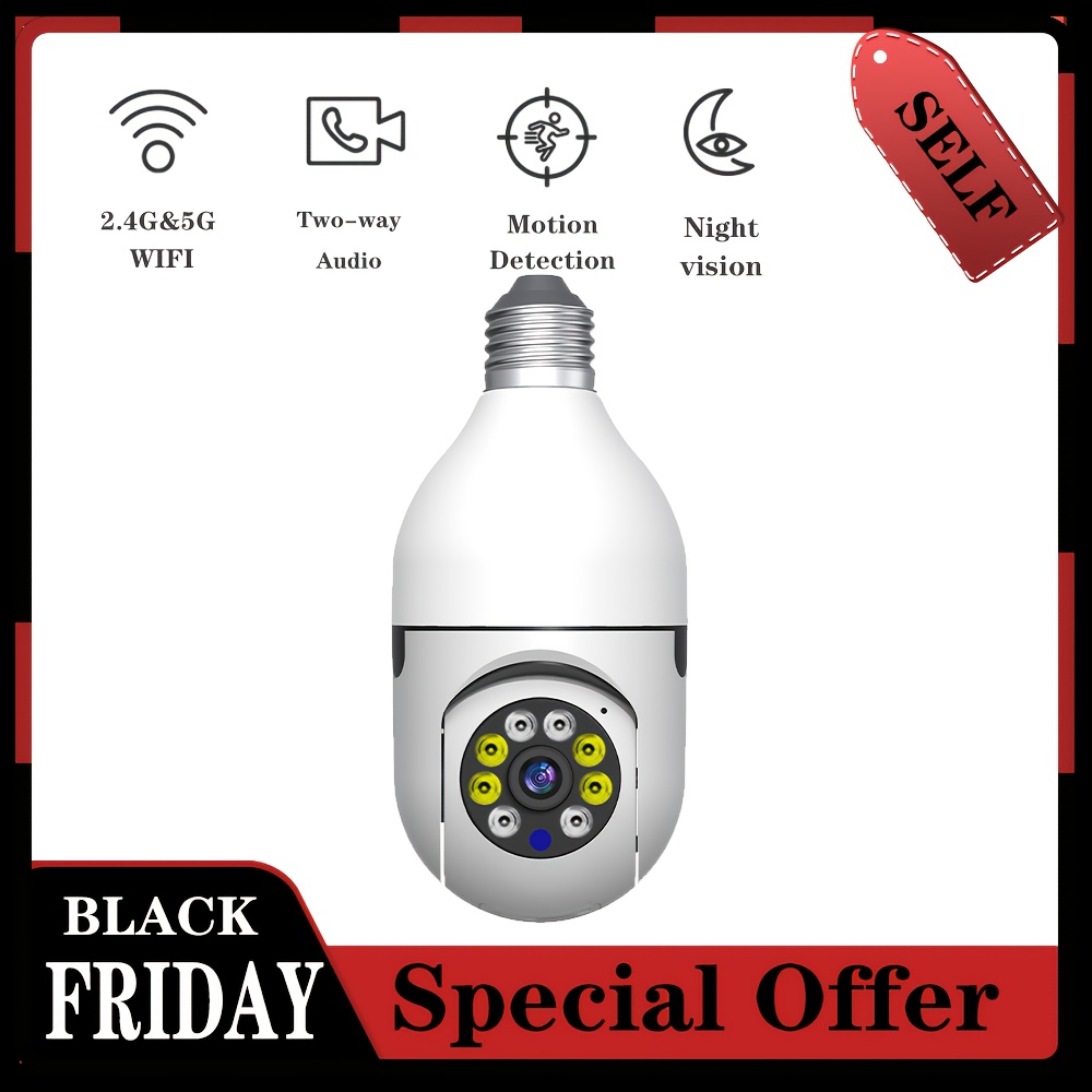 TEMU Caméra de Sécurité Intérieure Fil WiFi Ampoule APP 5GHz, Caméra Ampoule 360°, 1080P, Vision en Couleur, Détection de Mouvement, Idéale pour la