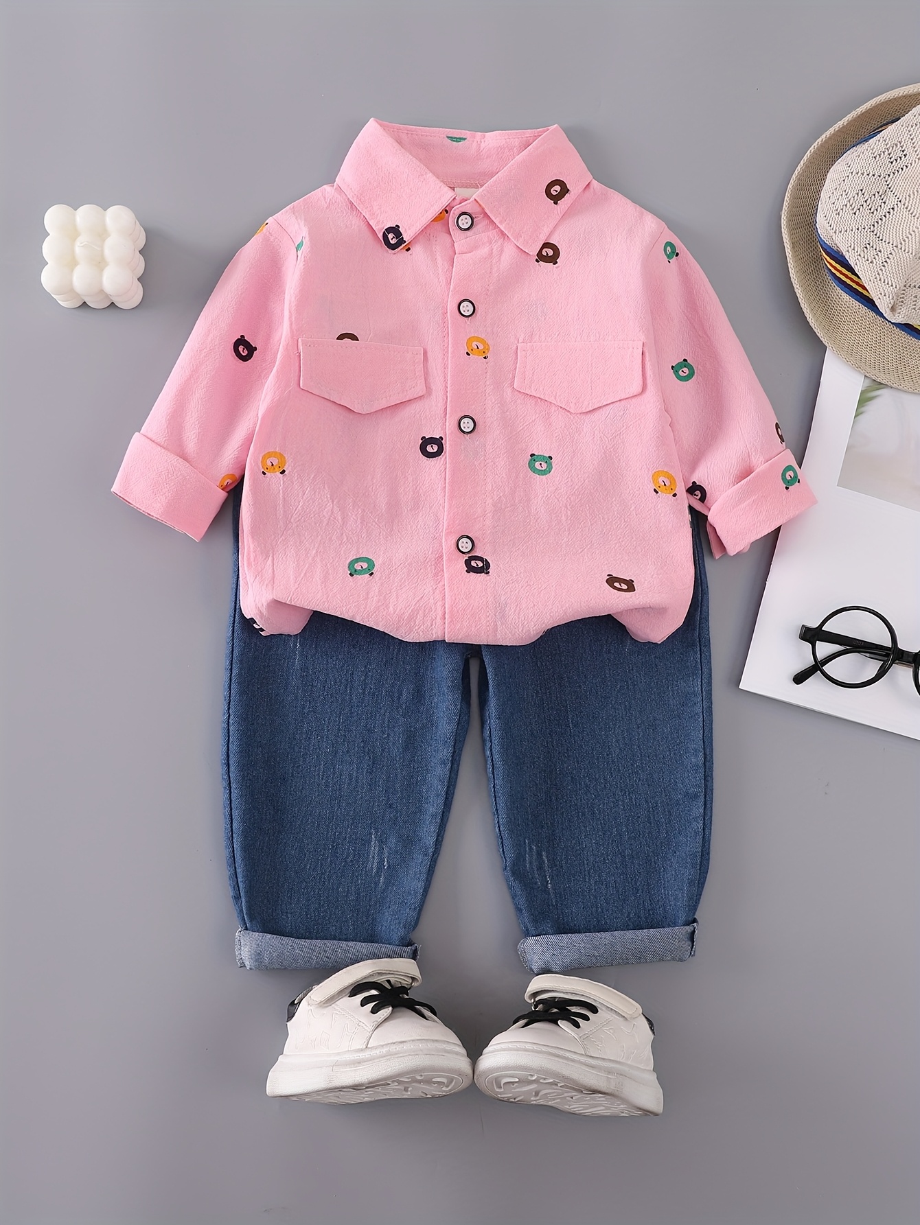 boys print outfit with a bear pocket long sleeve shirt and denim pants featuring a full button design for outdoor Product details 0