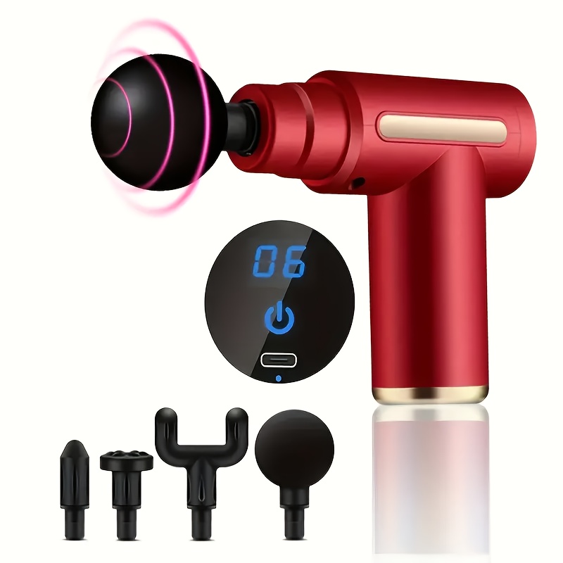 A Portable LCD Massage Gun with Four Attachments, Available in Four Colors, Featuring Six Speed Settings And Four Massage Heads, Ideal for Deep Tissue Massage of The Back, Neck, Legs, And Lower Back, Making It a Perfect Gift for Both Men And Women.