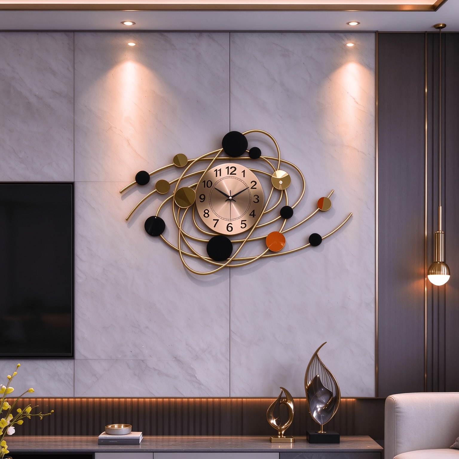 TEMU 1pc Horloge Murale Moderne en Métal Doré et Fer, Grande Horloge pour Restaurant et Décoration de Bureau, Décoration Murale, Artisanat, Mouvement