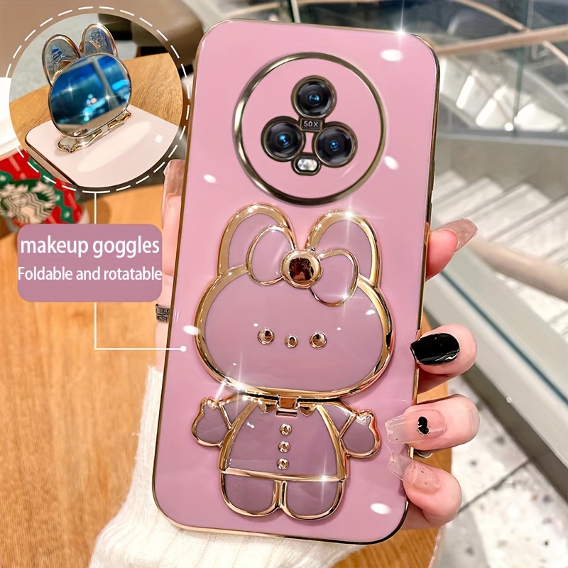 

1pc Cute Rabbit Makeup Mirror Phone Holder - Foldable & Rotatable Adhesive Stand