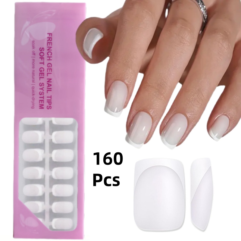 Image of 160pcs Short Square Press-on Nails, White French Tip Soft Gel Nail Tips, Used As False Nails For Diy, Simple And Versatile Style In 16 Sizes Suitable For Women