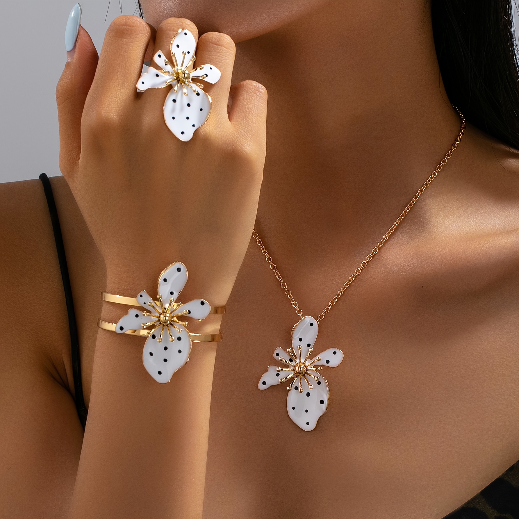 TEMU Parure et tendance de collier, bracelet et bague à fleur irrégulière, avec pétales en émail à coulure et touches à faites à , bracelet manchet