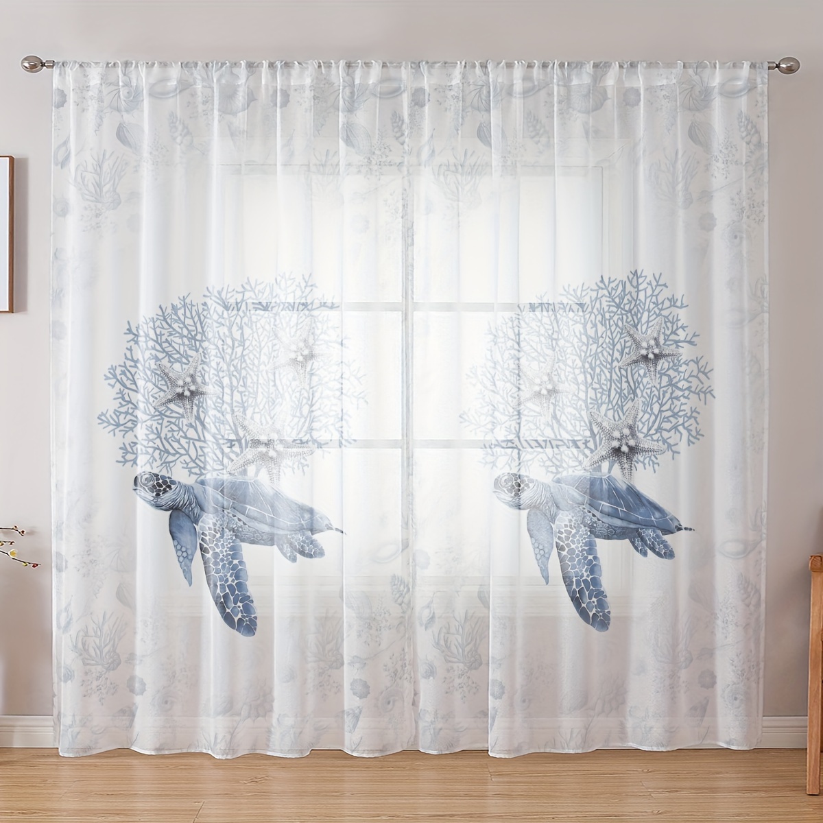 

2pcs Set Coral Sea Turtle Digital Print Sheer Curtains - Rod Pocket, Lightweight Polyester For Living Room & Bedroom Decor