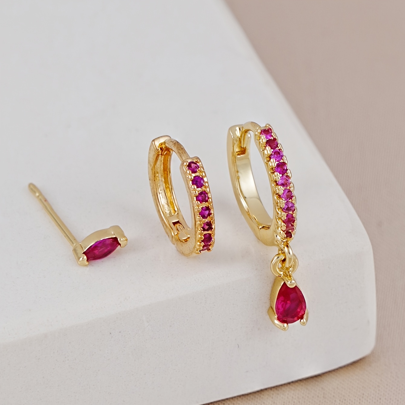 TEMU 3pcs Fashionable Hoop Earrings, Teardrop-shaped Earrings Set Inlaid With Red Synthetic Synthetic Zirconia, Suitable For Women's Banquet, Office,