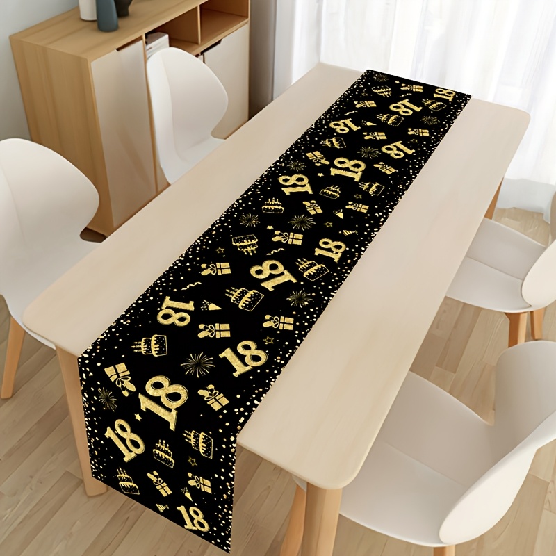 

1pc 18th Birthday Party Table Runner, Black Golden Polyester, Machine Made, Birthday Cake & Gifts Design, 35x180cm, For Happy Birthday Celebration Table Decoration, Tablecover Decor