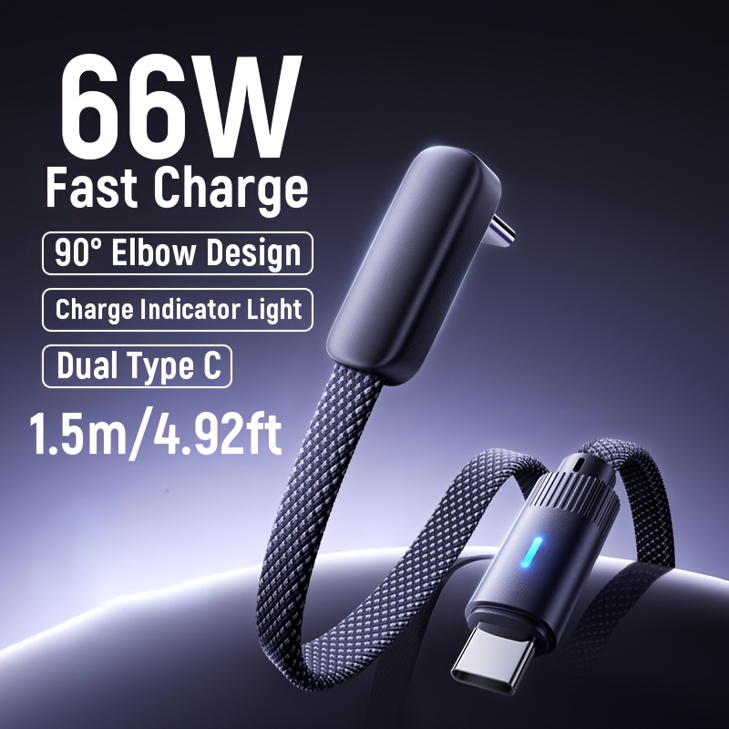 Image of 66w Usb C Type C To C Nylon Braid Fast Charging Data Cable Elbow Pd Dual Type C Fast Charging Data Cord Cable For Iphone 17 16 15pro Max For Galaxy S25 17 For Oneplus For Huawei For Oppo For Vivo