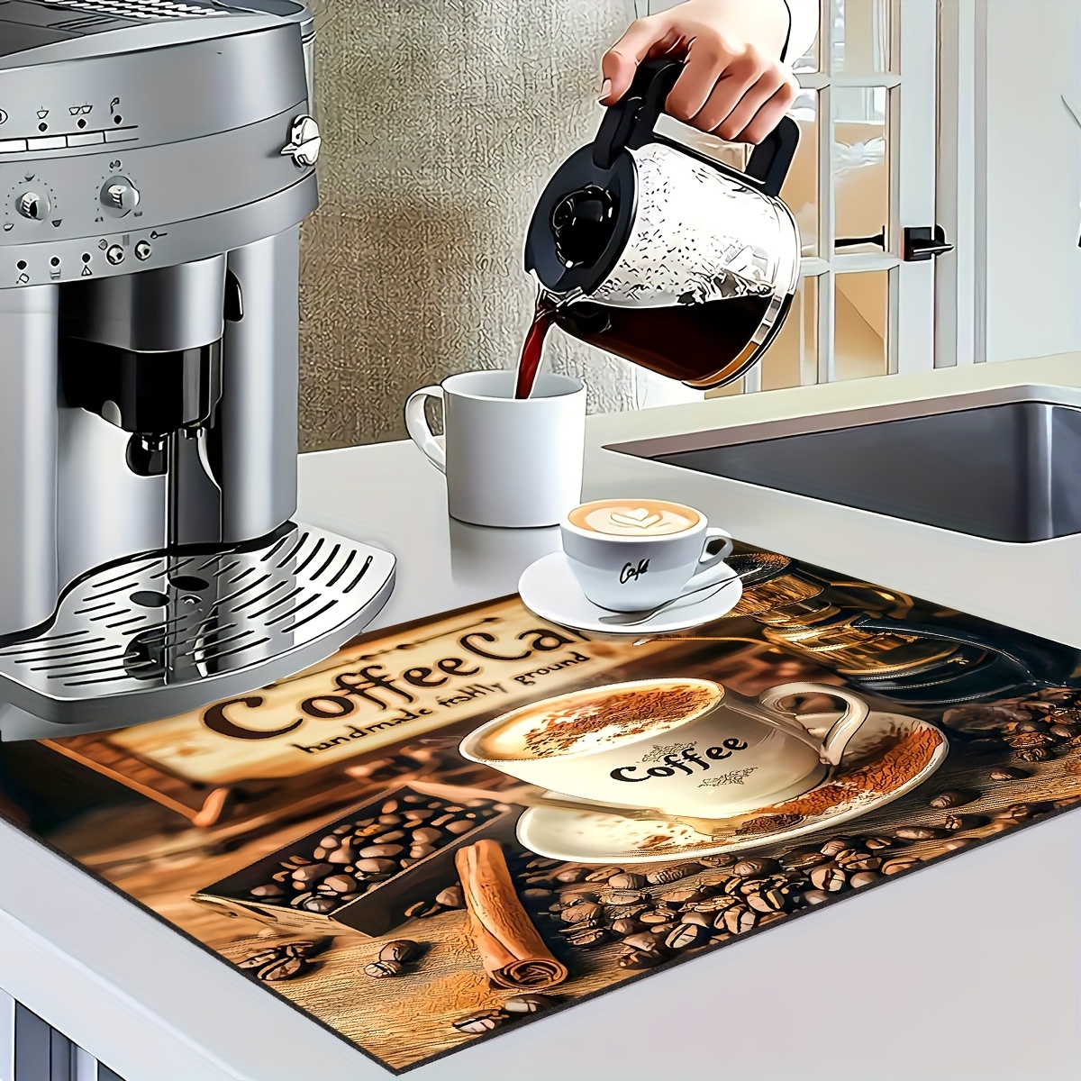 TEMU 1pc Coffee-themed Non-slip Rubber Backing Dish Mat With Diatomite Drainage Suitable For Kitchen Placemats, Dish Drying Mat, Countertop, Drainage