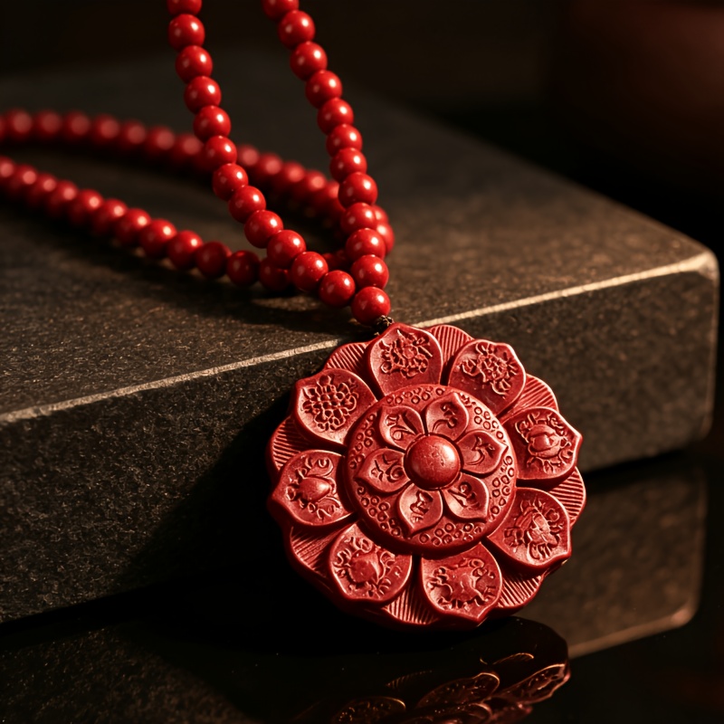 Chinese Style Red Sand Embossed Lotus Pendant Necklace