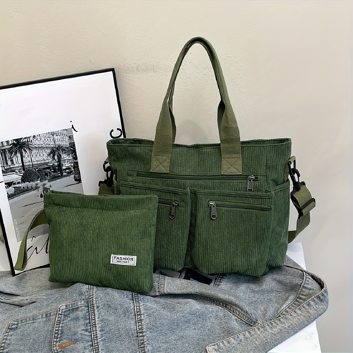 Image of Women's Vintage Casual Corduroy Material Set, Fashionable For Daily , Business Multi-pocket Shoulder Bag Body Bag