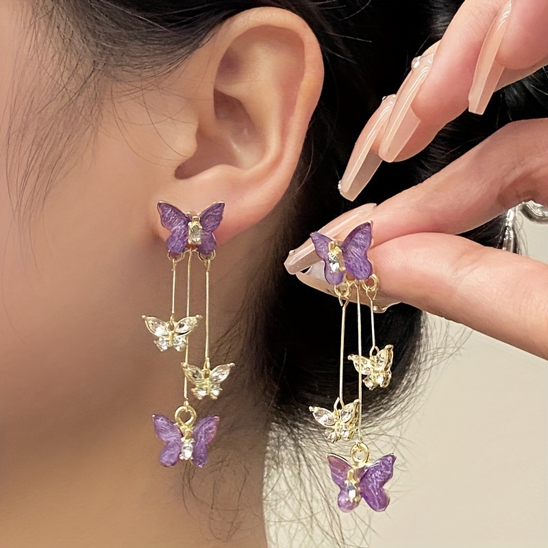 

1 Pair Of Ladies' Earrings Dating Pendant Purple Butterfly Shape Rhinestones Alloy Beauty Elegance Decor For Girl And Women