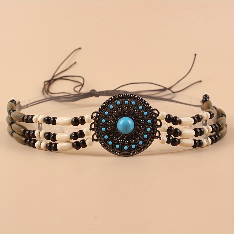 Image of Retro And Fashionable Unisex Hat Band, Polyester Rope- Mixed-color Beads And Synthetic Sapphire, Suitable For Daily Hat Matching