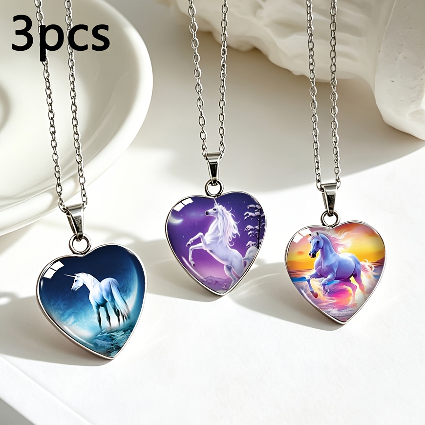 TEMU Ensemble de 3 pièces Collier en Acier Inoxydable de Cœur Violet Dégradé Bleu Étoilé Licorne Cœur Pendentif en Verre Ambiance Cœur Chaîne
