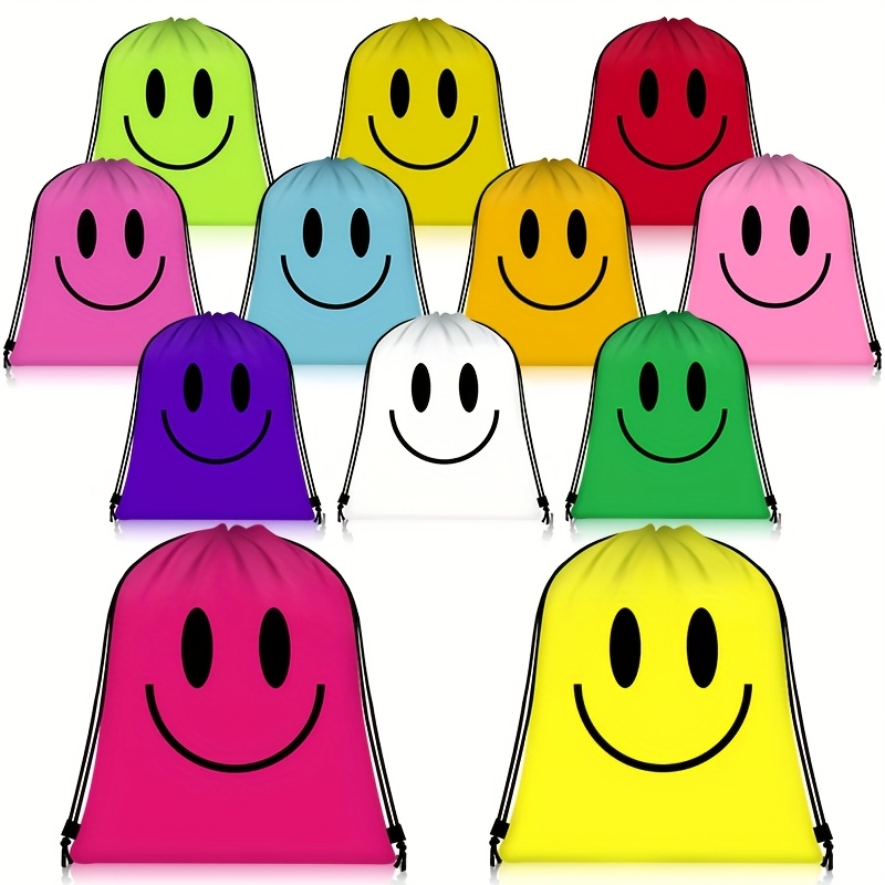 Image of 12pcs Colorful Cartoon Face Drawstring Backpacks - Soft Shell Polyester Party Favor Bags With Utility Pocket, Ideal For Day & Halloween Gifts, Goodie Bags| Design|colorful Sack