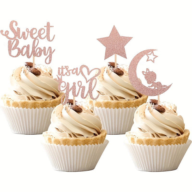 

36pcs Baby Shower Girl Cupcake Tops With Sparkling Stars On The Moon Sweet Baby Gender Reveal Cupcake Selection, Baby Shower Girl Birthday Party Cake Decorations, Rose Gold