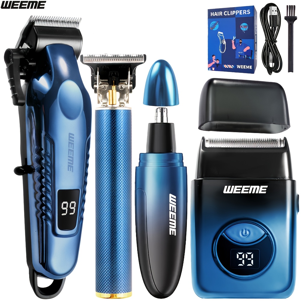 Image of Weeme 4pcs Hair Clipper Set, Men’s Electric Shaver With Nose Trimmer And Razor – Rechargeable Grooming Kit For Diy & Barber Accessories (perfect Gift For Husband Or Dad)