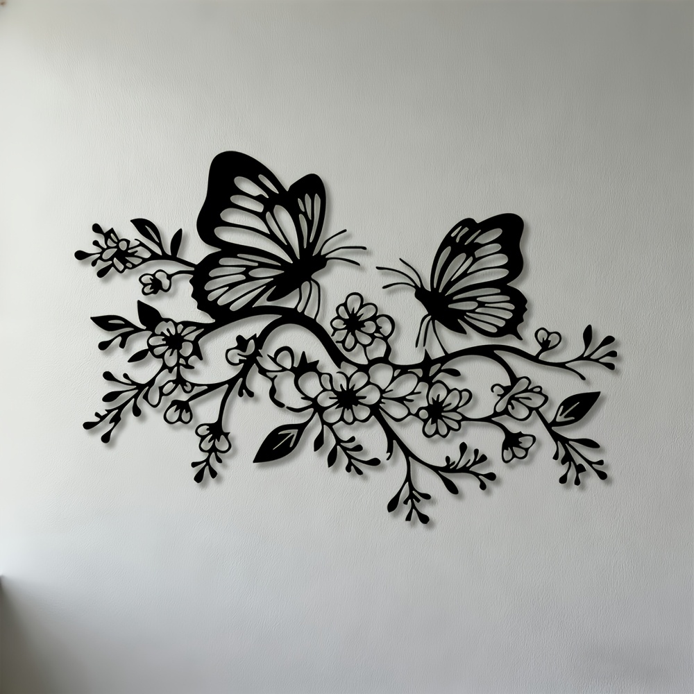TEMU 2d Flat 1pc, 2d Wall Art, Metal Sculpture With Butterflies And Floral Branches, Ideal For Decorating Living Room, Bedroom, And Office