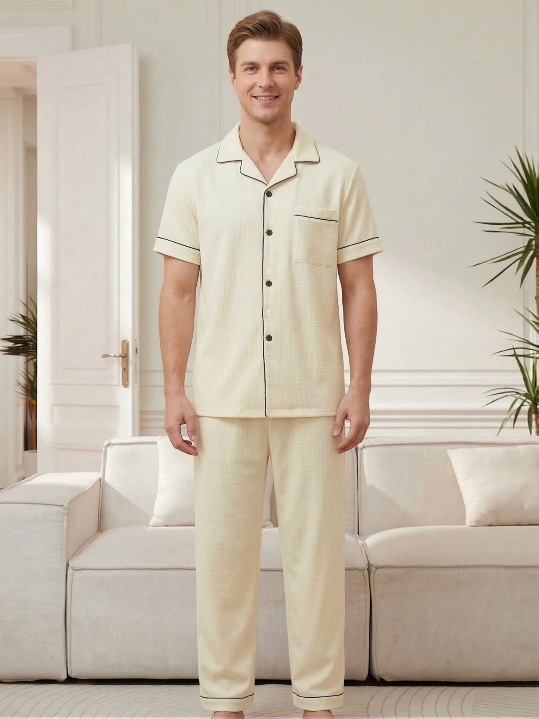 [MEN/WOMEN] Couple's Style Pajama Set - Short Sleeve Top + Long Pants Loungewear for Spring, Summer, and Autumn - Men's or Women's Round Neck Pullover with Cartoon Bear Pattern - Single Set
