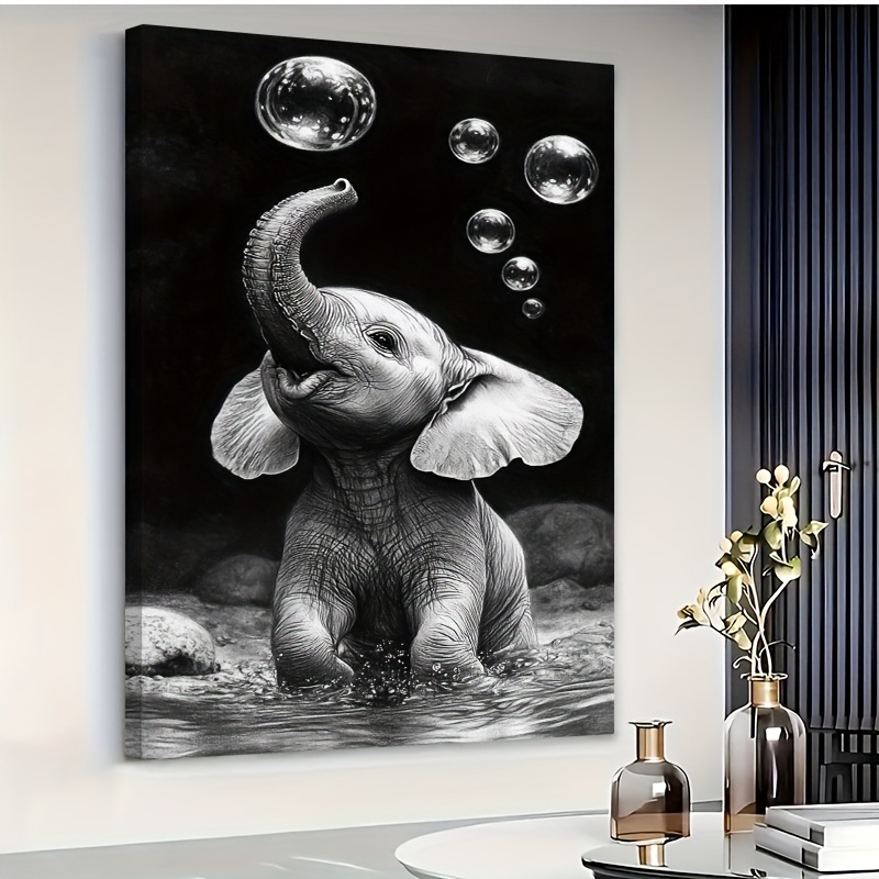 TEMU 2d Flat, Large Framed Elephant Playing With Bubbles Wall Art Poster - Black & White Canvas Painting Suitable For, Room Decor, Modern Minimalist