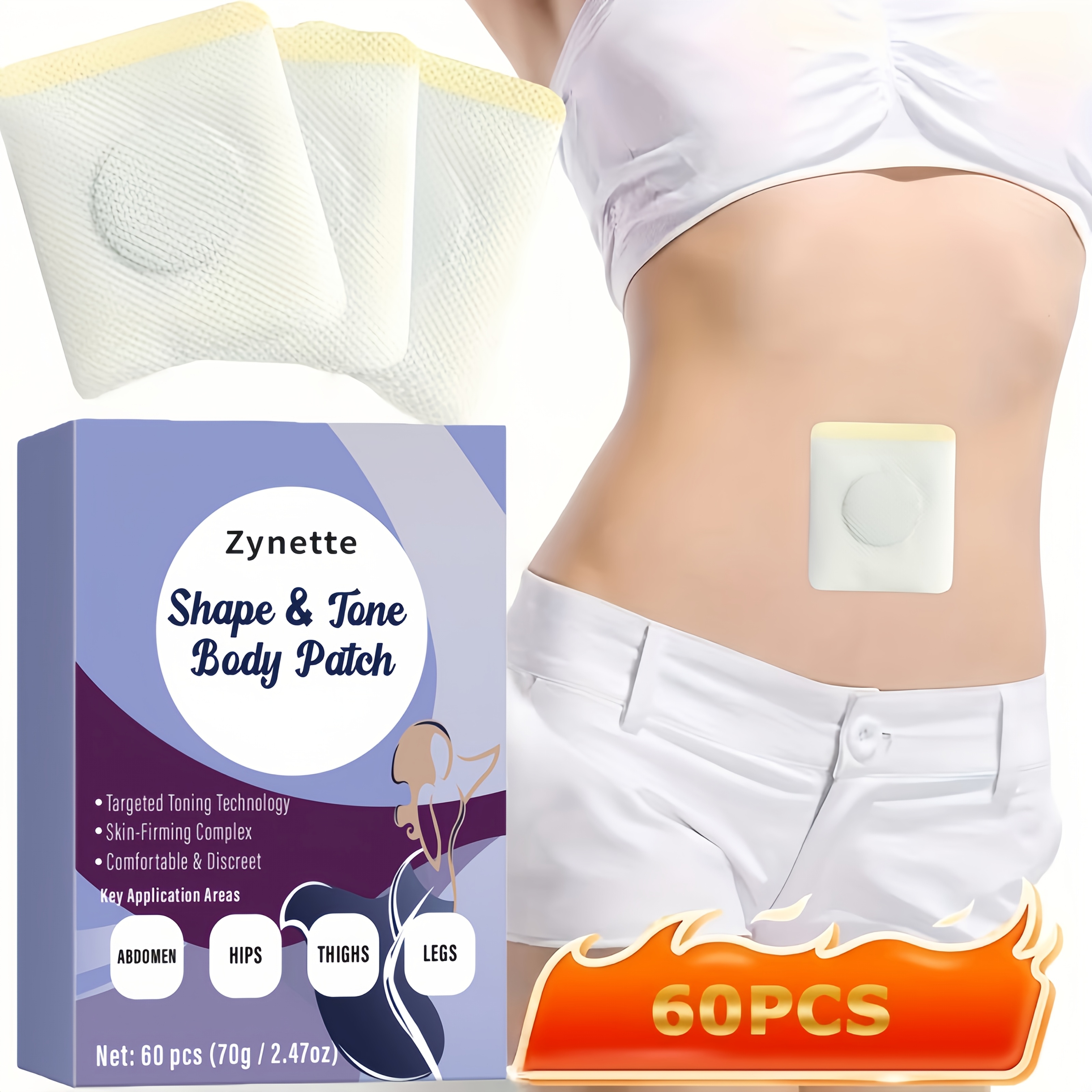 Zynette Shape & Firms Body Patches(60 Count), Targeted Firming for Abdomen Hips Thighs Legs, Comfortable & Discreet Skin-Firming Complex, Perfect Gift for Fitness Enthusiasts Beginners, Ultra-Thin, Breathablemateria