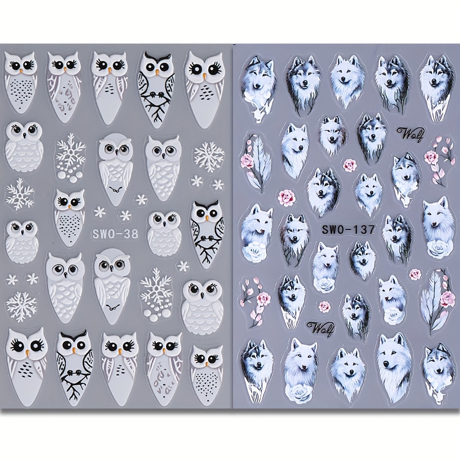 Image of 2pcs Embossed Rose Wolf Nail Art Stickers 3d Engraved Owl Snowflake Decals Christmas Day Self-adhesive Manicure Tech Supplies