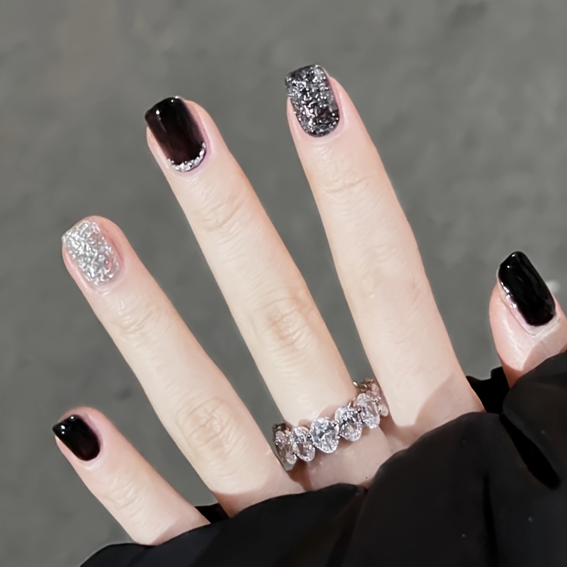 TEMU A Set Of 24pcs Black Rectangular Press-on Nails With A Glossy Finish. Black Press-on Nails You To Through , Instantly And . Fit And Are Reusable