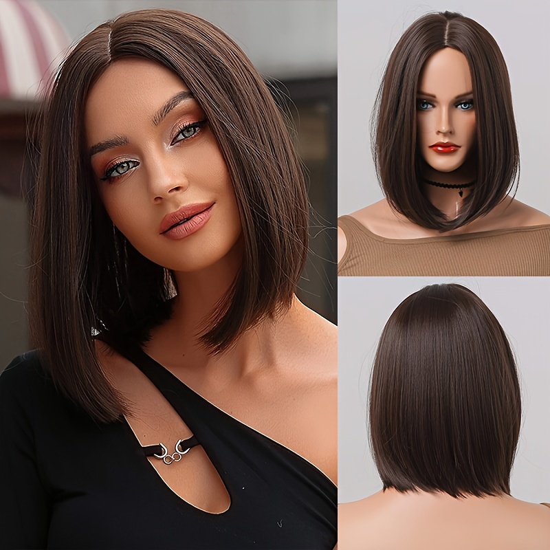

Chic 14-inch Bob Wig For Women - Short, Straight With Middle Part & Highlights, Heat-resistant Synthetic Fiber, Perfect For Daily Wear & Cosplay