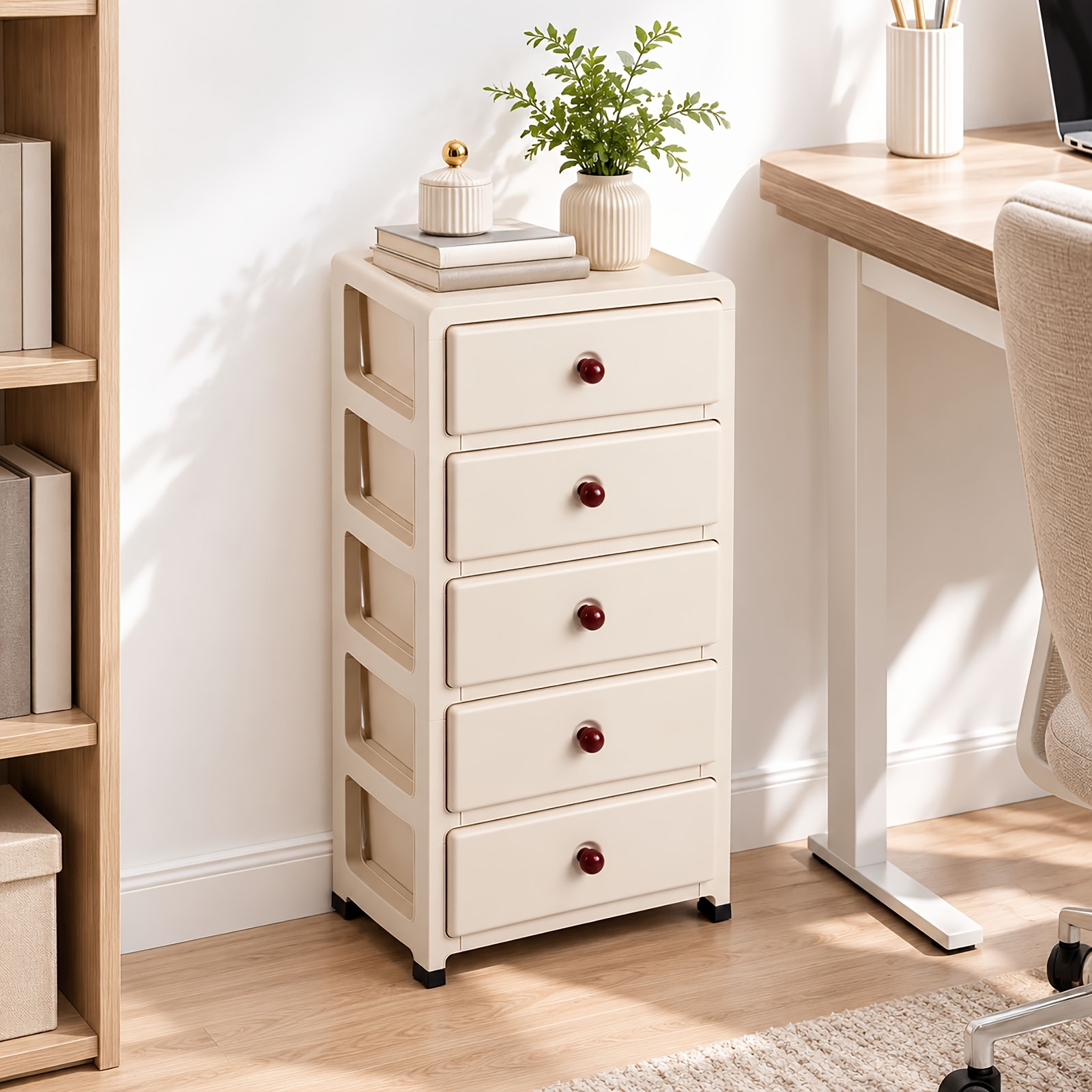 TEMU Lid-type Storage Cabinet, 5-tier Large-capacity Drawer Organizer With Removable Drawers And Easy-pull Handles; Movable With Wheels; Anti-slip