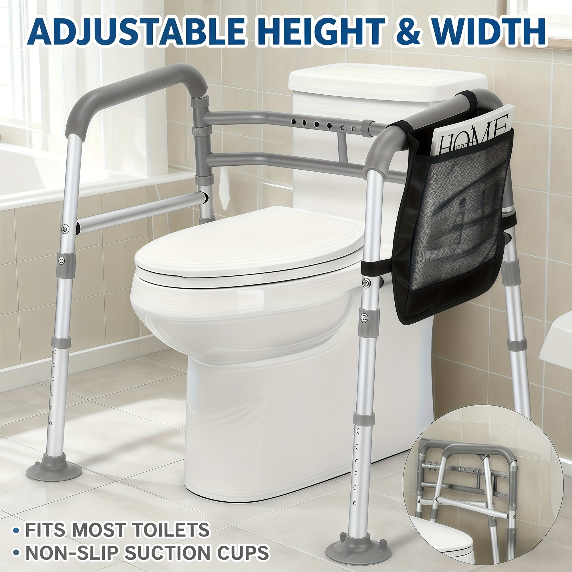 Adjustable & Foldable Toilet Safety Frame With Handles & Suction Cups - Aluminum, 136.08 Kg/300 Lbs Capacity, FSA/HSA Eligible, Ideal For Elderly, Seniors, Disabled - Fit, Sturdy Support
