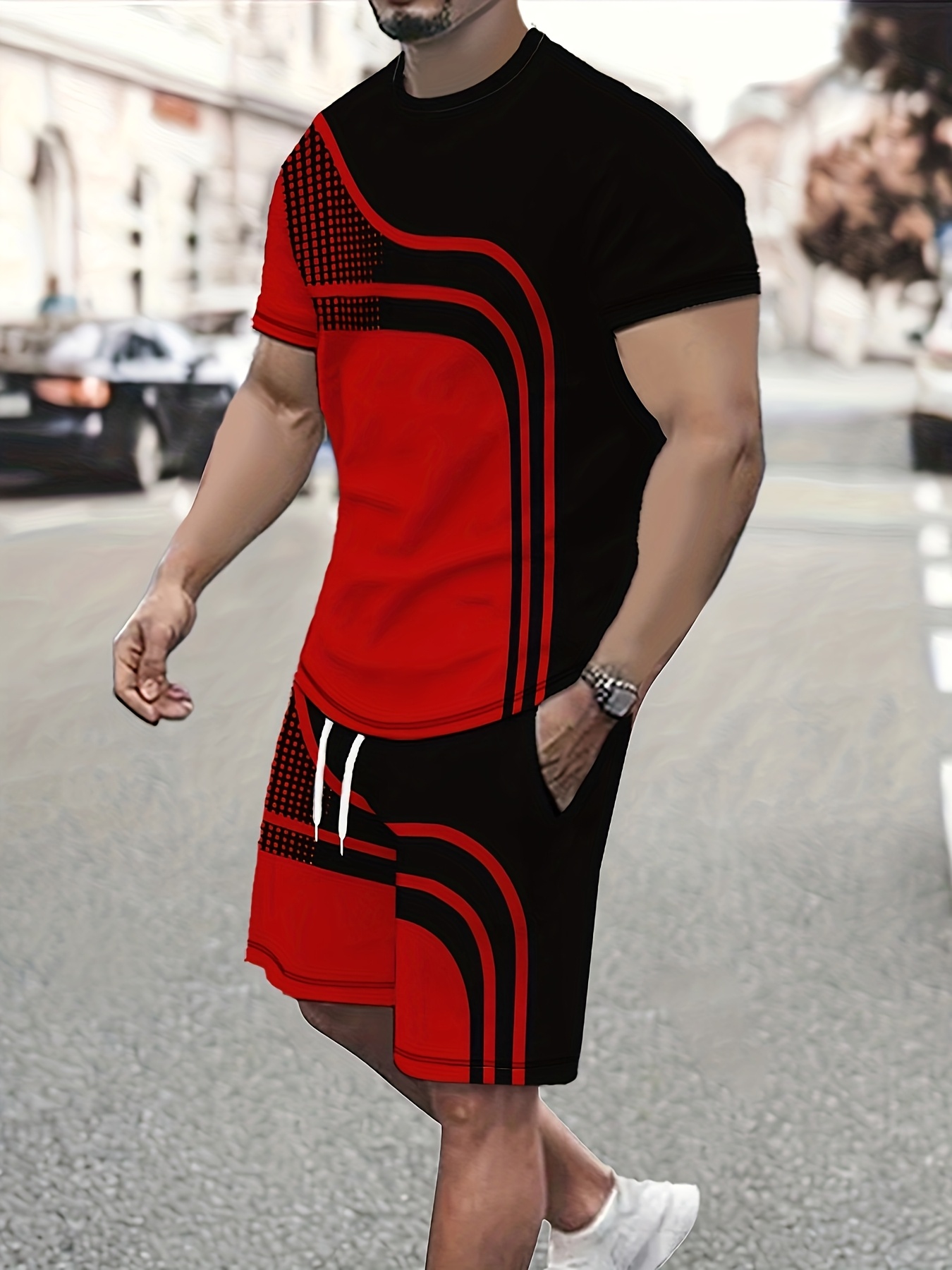 mens fashion casual sports suit red black high definition Temu