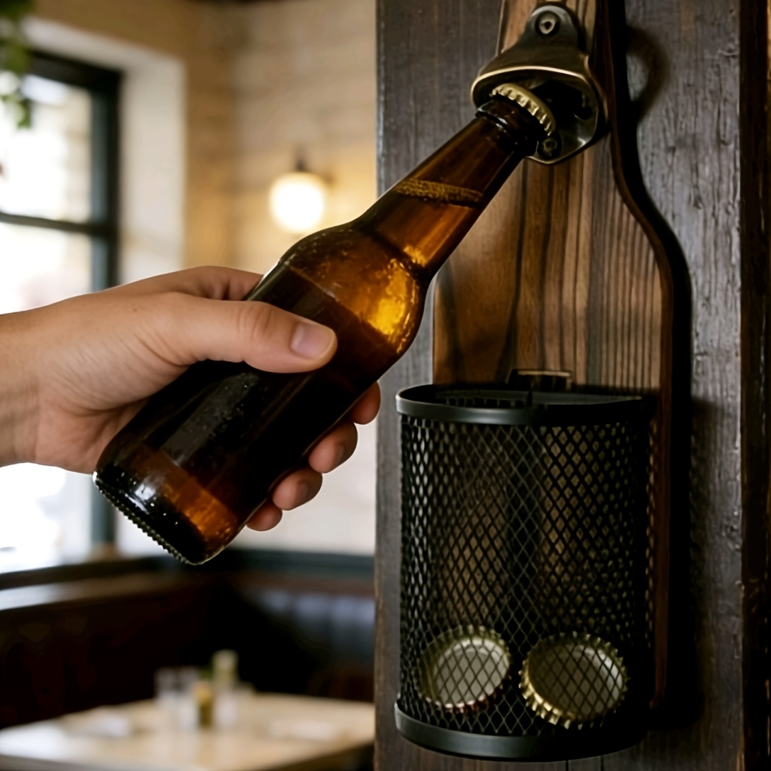 a mounted vintage wooden bottle opener a lid