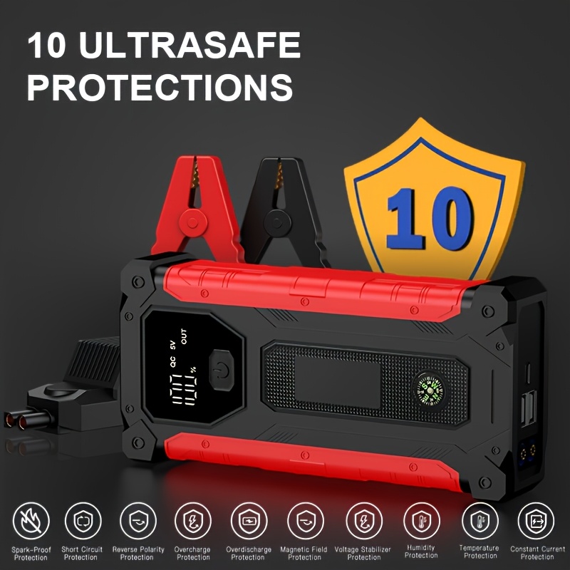 5000a portable wireless car jump starter with air compressor 20000mah lithium polymer battery fast charging usb c power bank 12a output led flashlight for 12v cars trucks suvs motorcycles emergency light inflator pump in one compatible with 8 0  1 72 diesel engines   off grid use compact portable design Product details 9