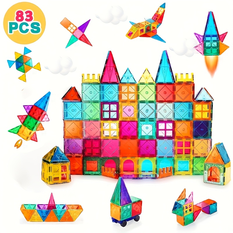 TEMU 83pcs Magnetic Tiles Building Blocks Set 3d Magnetic Blocks Tough Building Tiles Stem Toys Kids Birthday Gifts Magnetic Building Blocks For Kids