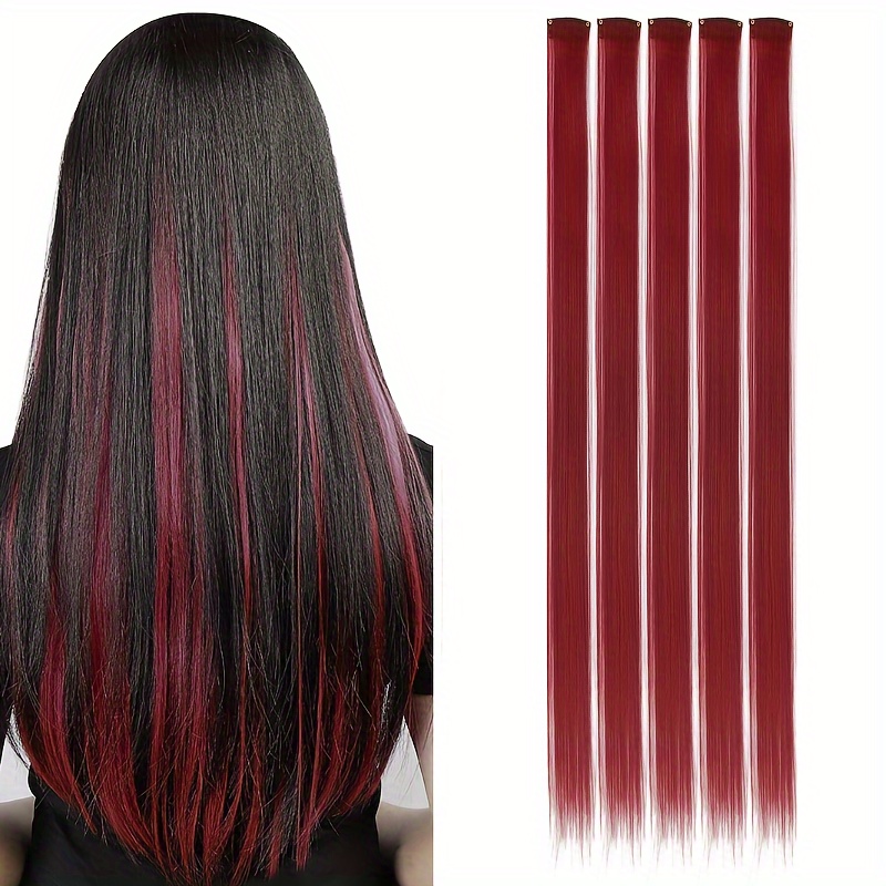 TEMU 5pcs Burgundy Clip-in Hair Extensions, 20" Long Straight Synthetic Hair For Women - Halloween Cosplay, Fashion Parties & Christmas Gifts