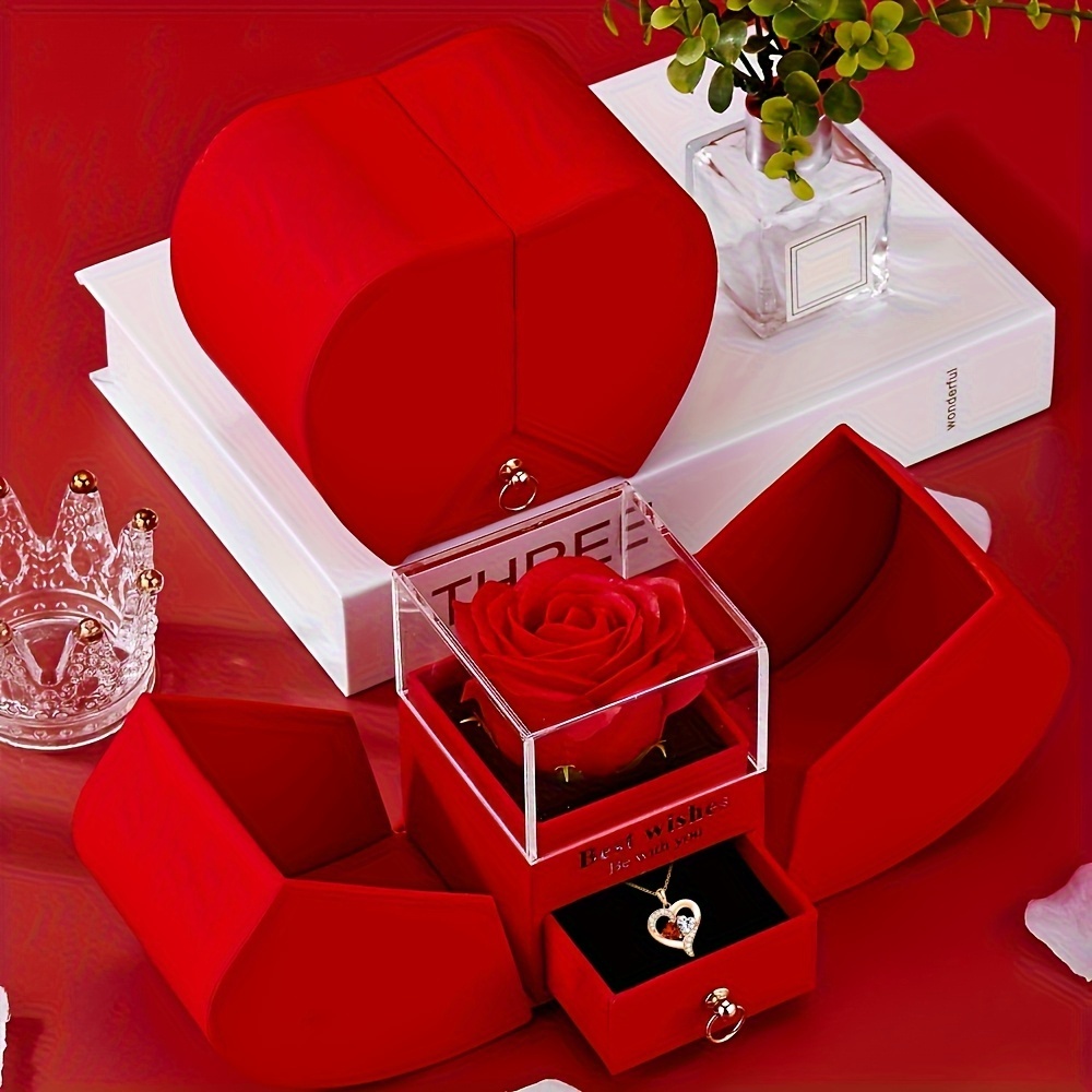 Elegant Light Luxury Artificial Rose Gift Box with Heart Necklace - Perfect for Wife, Lover, Friend or Bestie | Christmas Present Idea, Party Favor & Celebration Keepsake, Romantic Gesture, Stylish Accessory, Metal Jewelry, Durable Material, Sentimental Jewelry