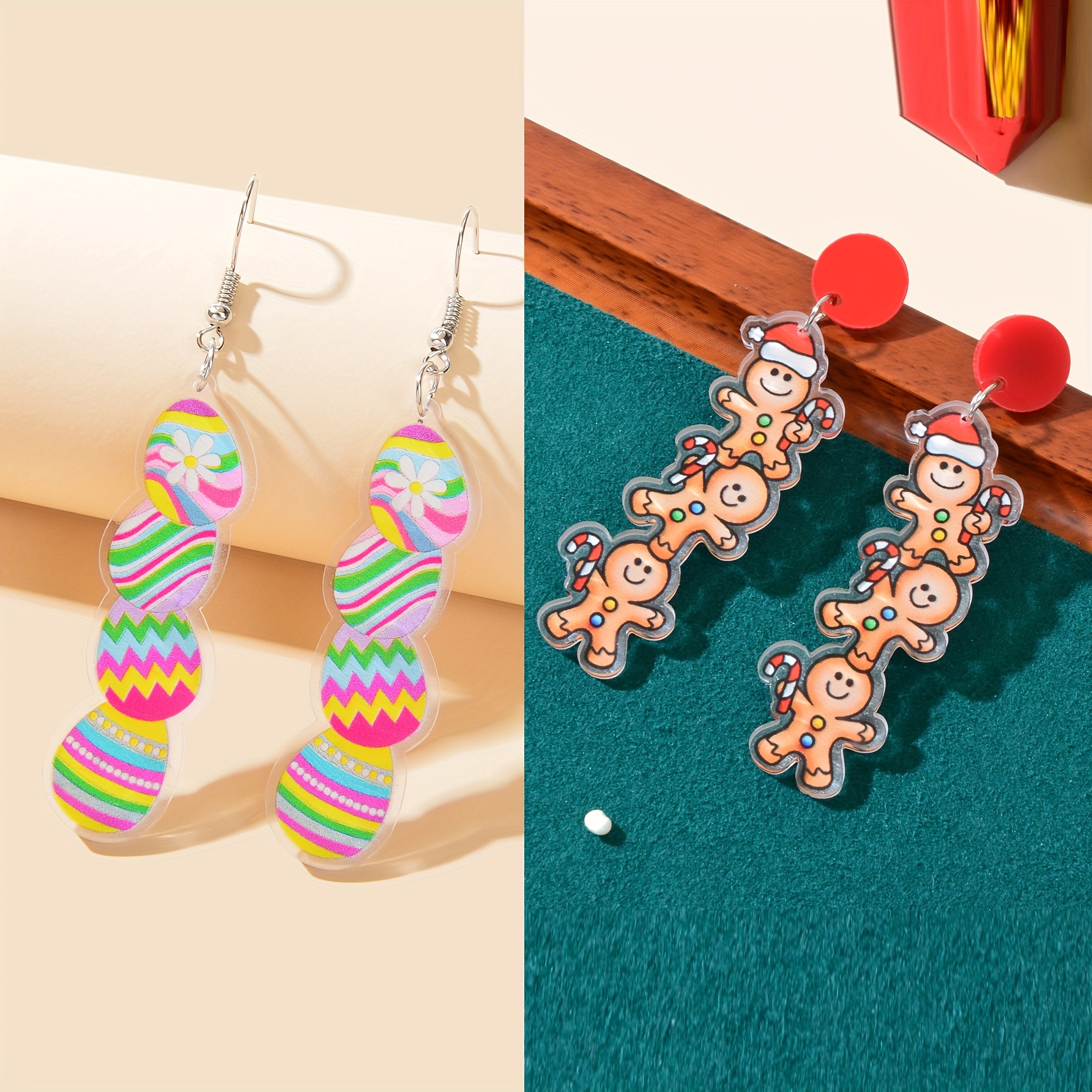 TEMU Funky Festival Jewelry Gingerbread Man And Gift Colorful Geometric Pattern Acrylic Dangle Earrings Set