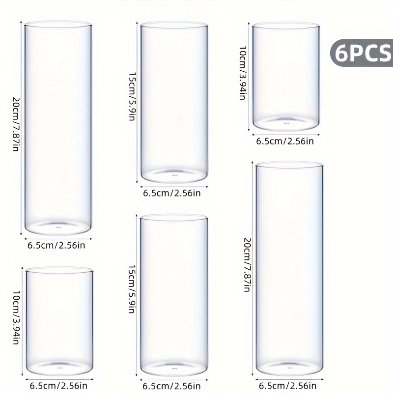 E-shop 6-teiliges Set handgefertigter Glaszylinder-Vasen im klassischen Stil, transparente Deko-Vasen für Blumen, Kerzen und Mittelstücke - Langlebig